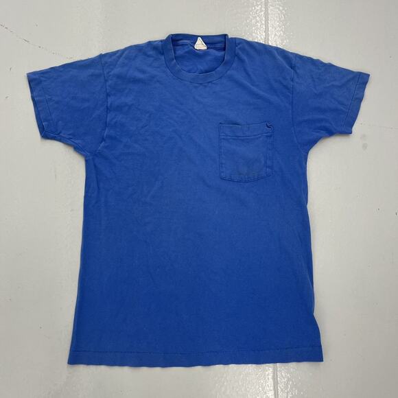 Vintage 80s Fruit of the Loom Blue Blank Pocket T-Shirt - Picture 1 of 4